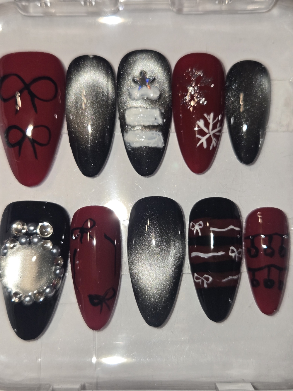 Hand Crafted Red and Black Holiday Press-On Nails with Silver Accents